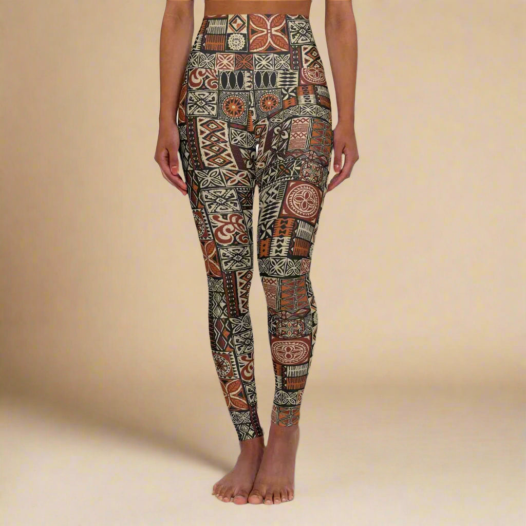 High-waisted leggings by Miami Sublimation in Elei design featuring vibrant island-inspired patterns, shown in size XS.