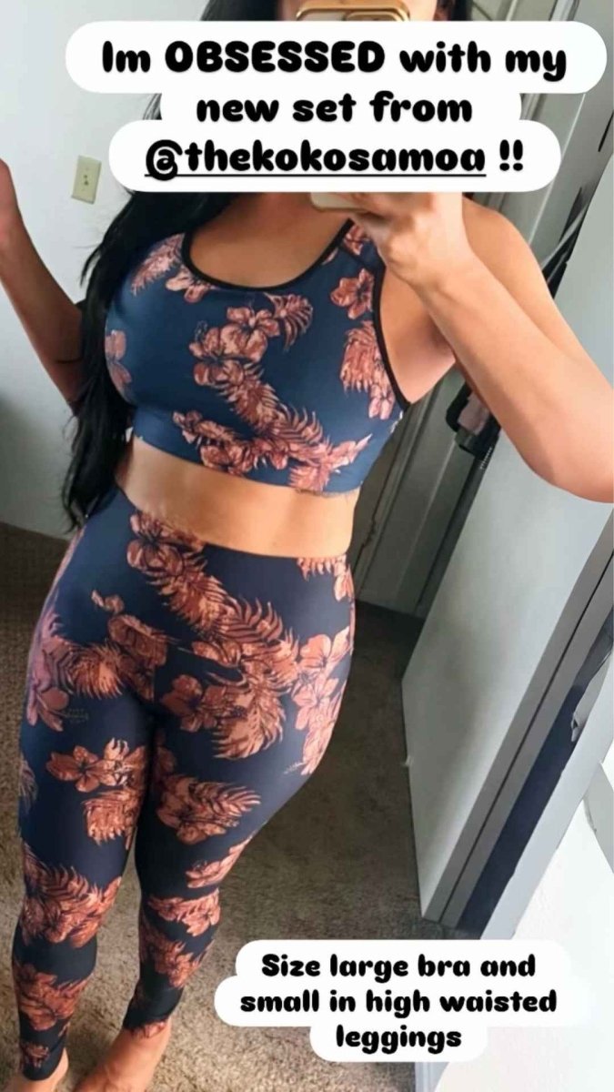 Miami Sublimation IslandRise high-waisted leggings in Fagaloa Twilight with tropical print, shown in size XS.