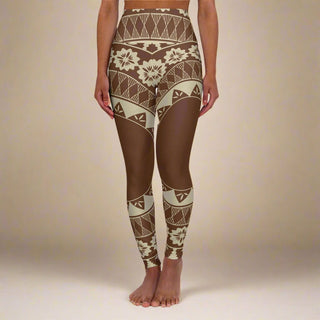 Miami Sublimation IslandRise high-waisted leggings in Fiji brown, shown flat with a close-up of the soft, stretchy fabric.