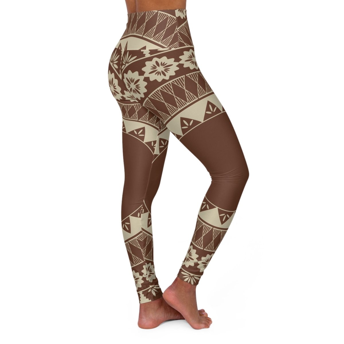 Miami Sublimation IslandRise high-waisted leggings in Fiji Brown, shown on size XS with a close-up of the fabric and waistband.