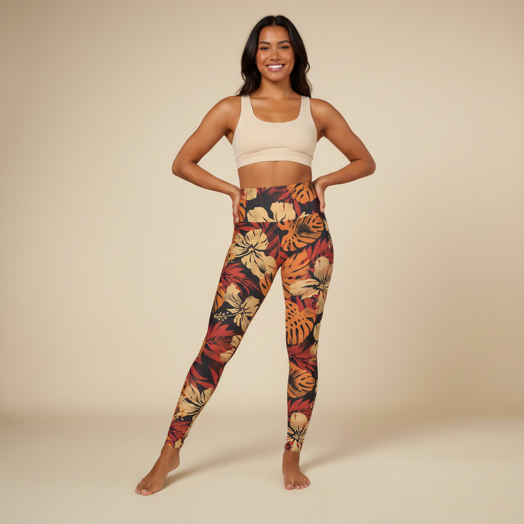 Miami Sublimation IslandRise High-Waisted Leggings in Lalomanu Ember with a vibrant, colorful design, shown close-up.