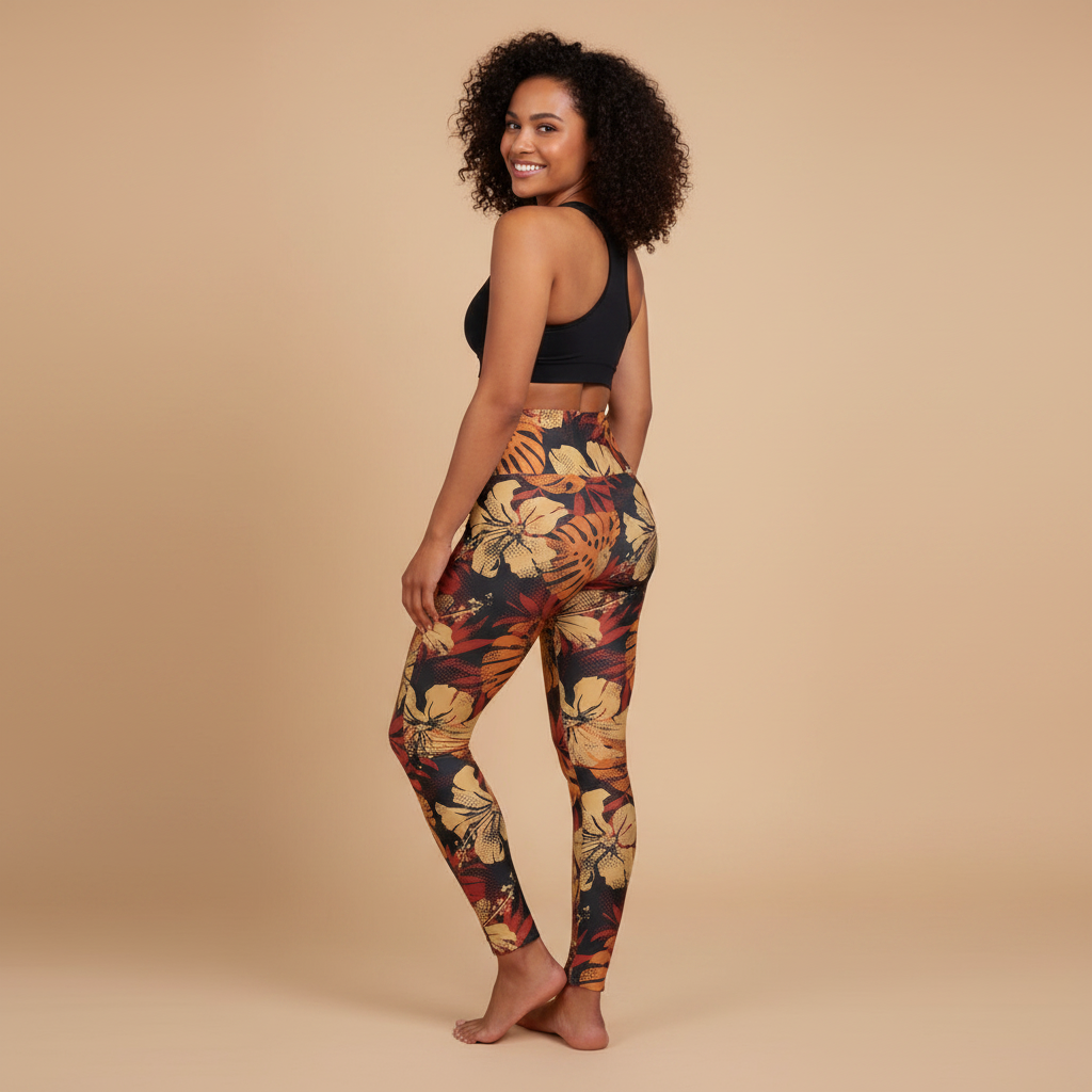 Miami Sublimation IslandRise high-waisted leggings in Lalomanu Ember, showcasing a vibrant, fitted design perfect for active wear.