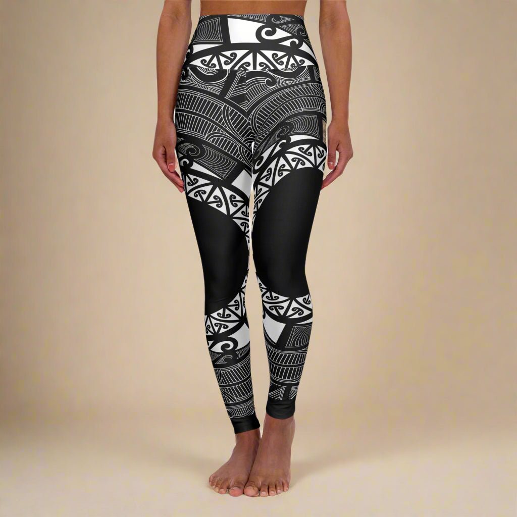 Miami Sublimation IslandRise high-waisted leggings with Māori-inspired design, shown in XS size with vibrant print.