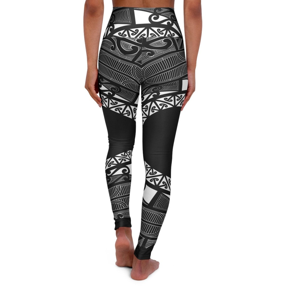 High-waisted IslandRise Māori leggings by Miami Sublimation, featuring vibrant traditional Māori patterns in a close-up view.