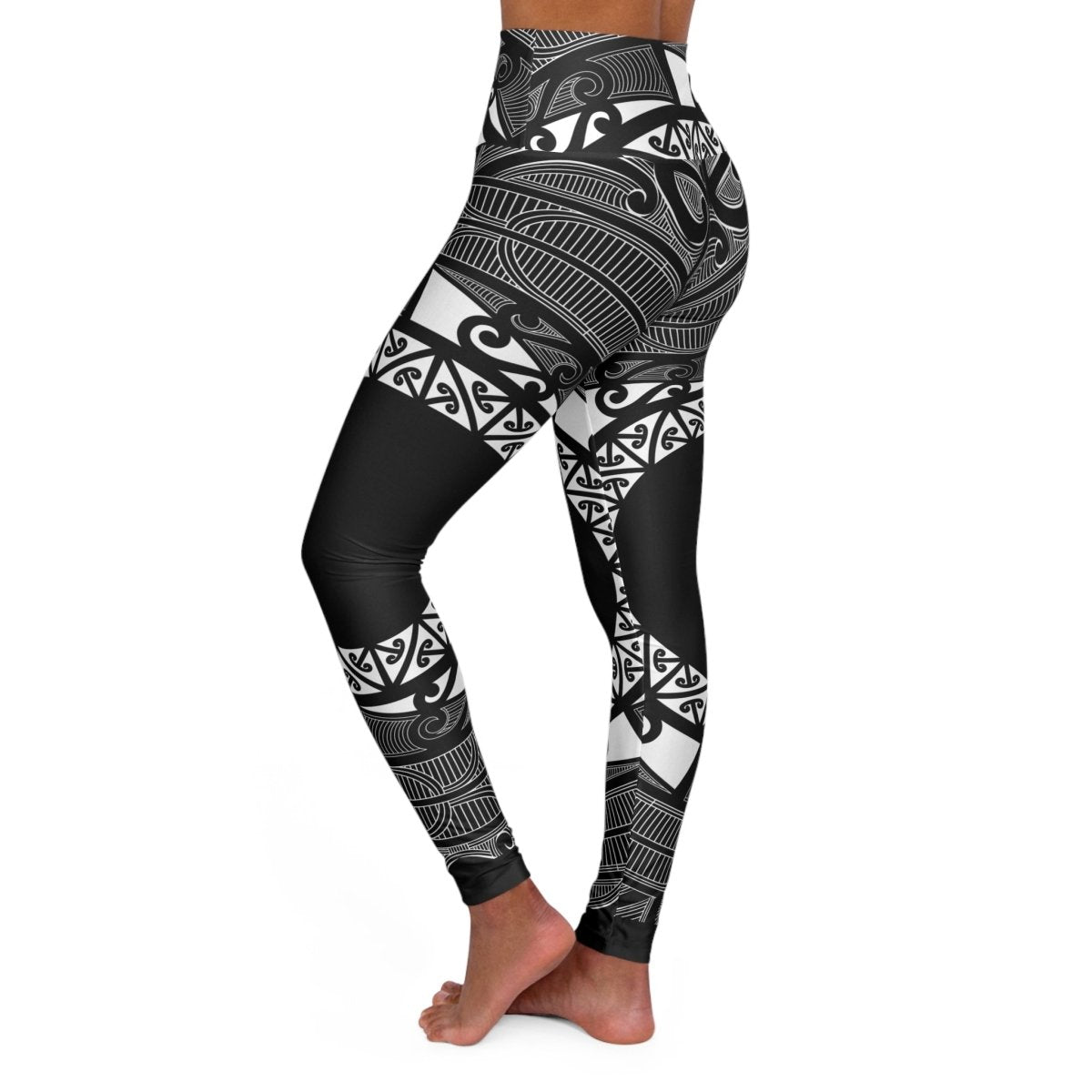 Miami Sublimation IslandRise high-waisted leggings featuring Māori-inspired design in USA, shown in XS size with vibrant patterns.