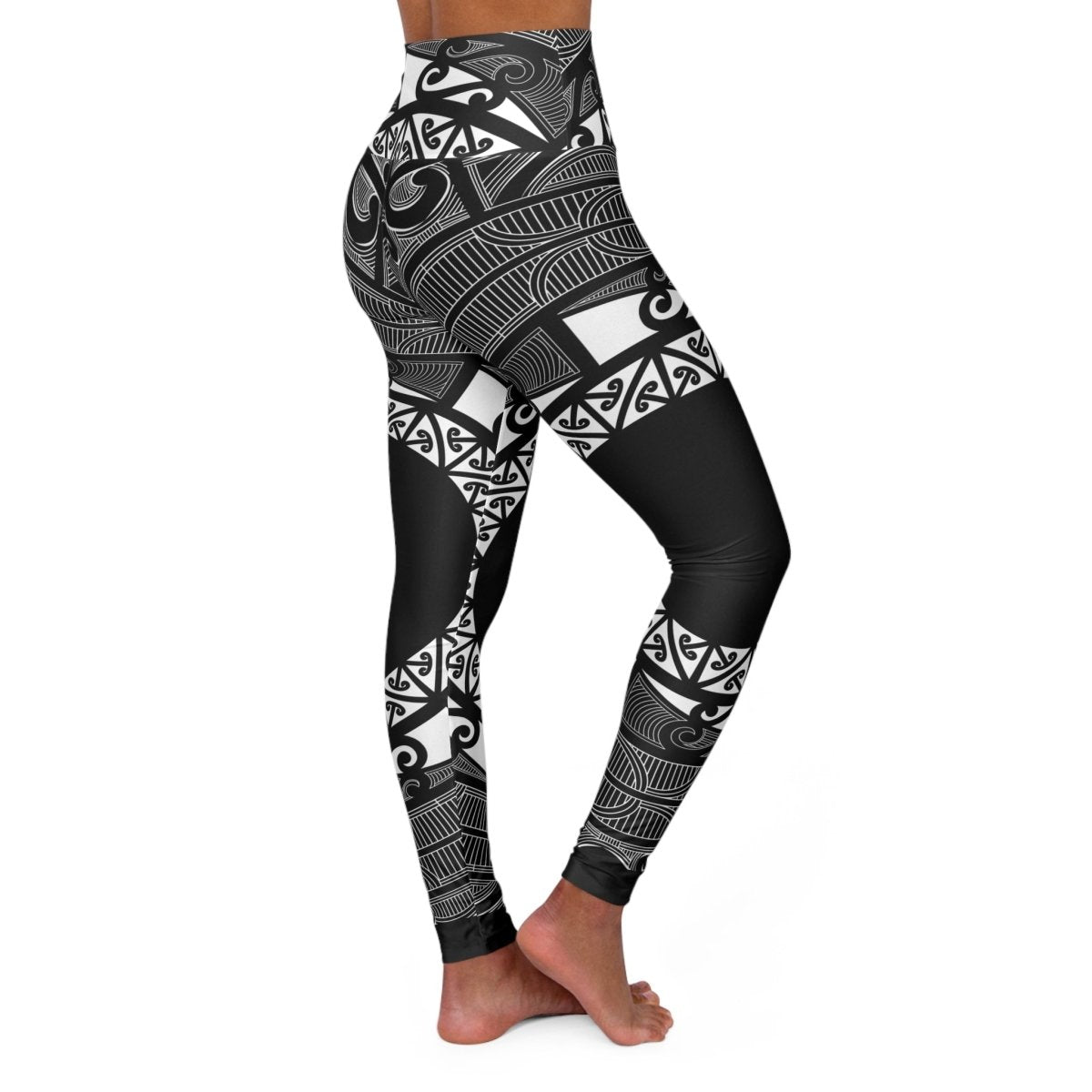 High-waisted IslandRise Māori leggings by Miami Sublimation, featuring colorful traditional patterns on a black background.