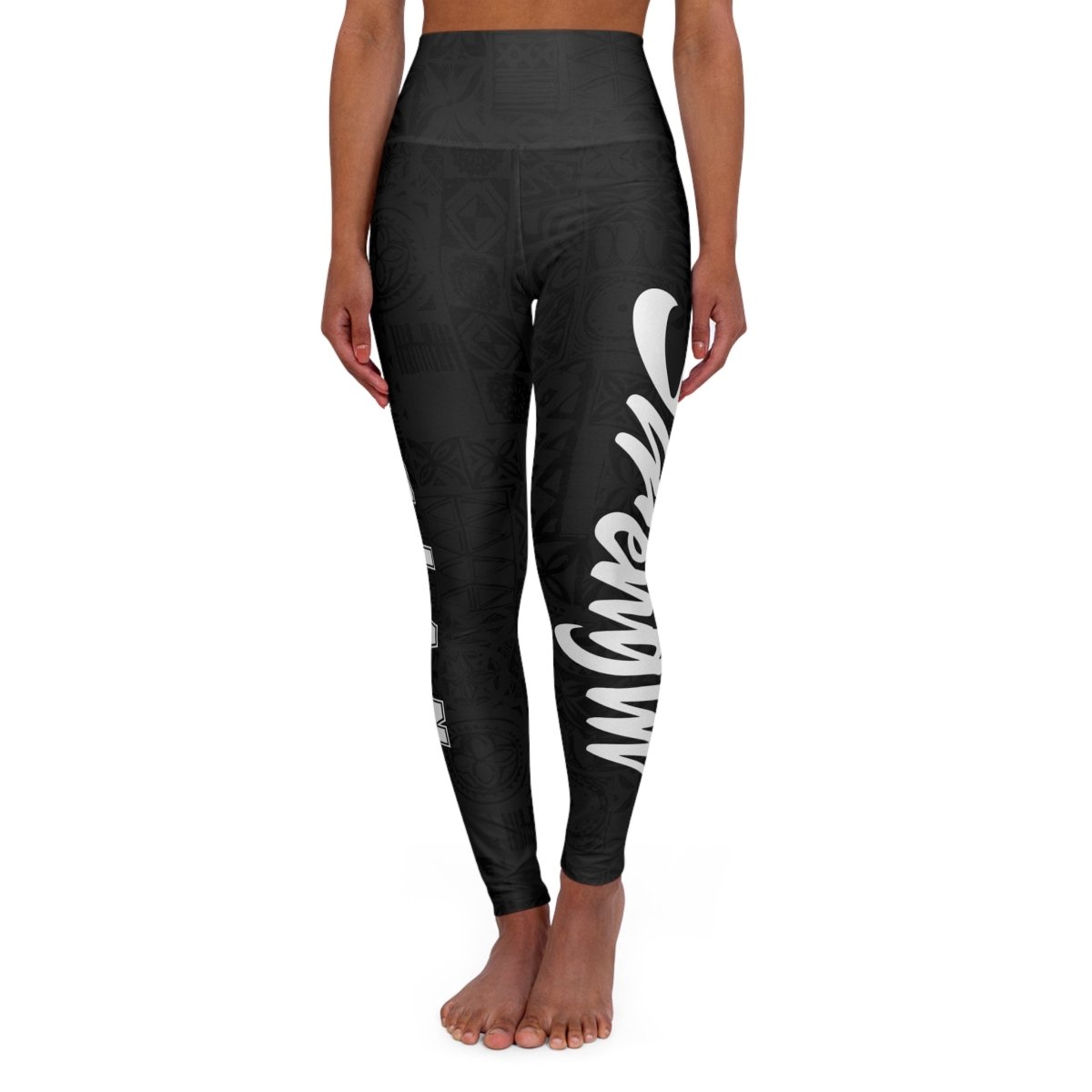 Miami Sublimation IslandRise high-waisted leggings featuring Nesian Strength design in XS, showcasing vibrant tropical patterns.
