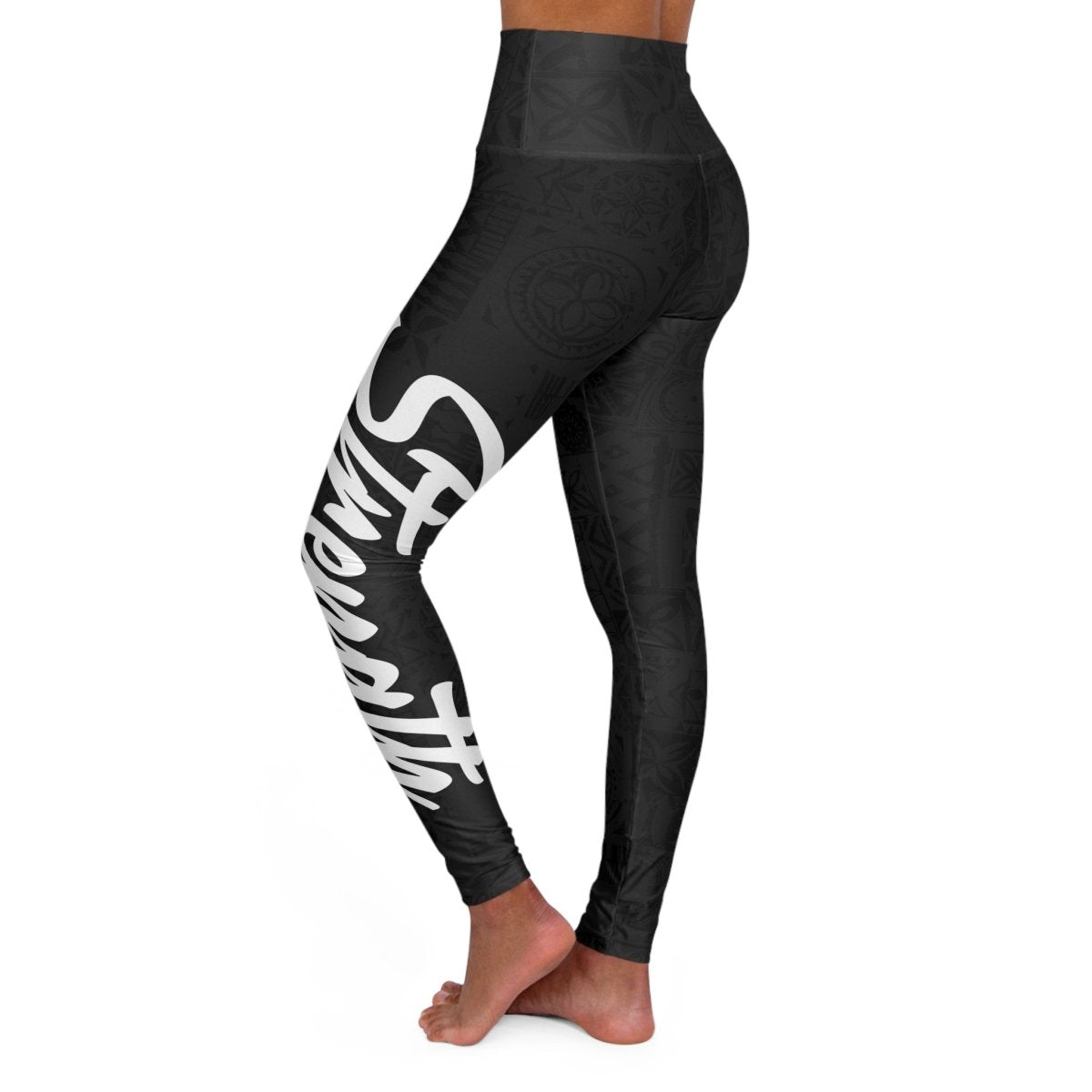 Miami Sublimation IslandRise high-waisted leggings with Nesian Strength design, featuring a vibrant, detailed Polynesian-inspired pattern.