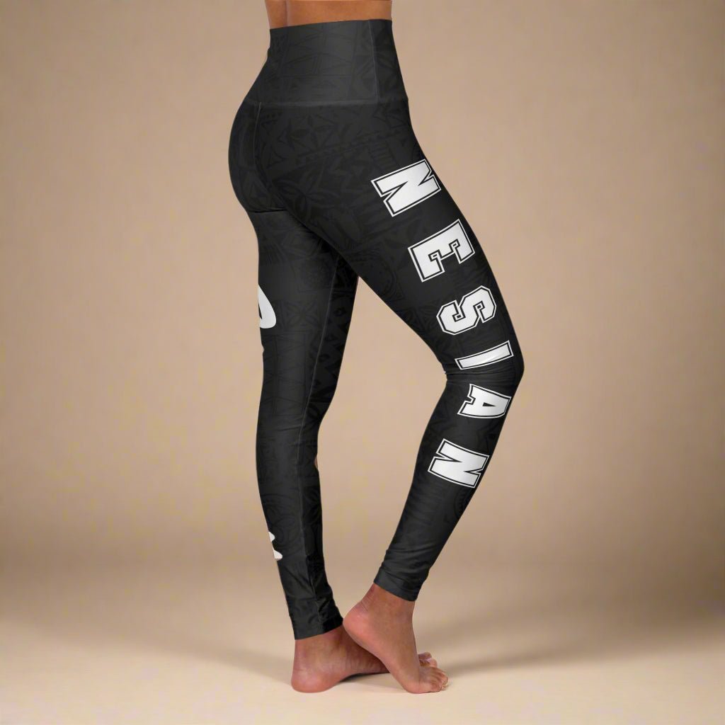 High-waisted leggings from Miami Sublimation featuring Nesian Strength design, fitted on a model, in XS size.