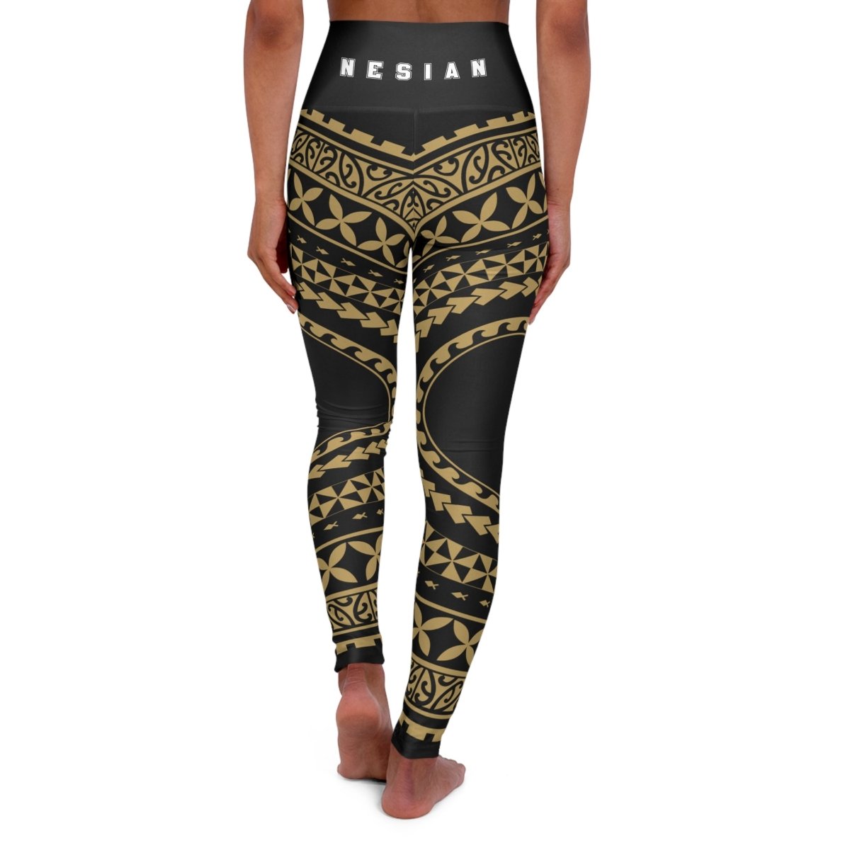 High-waisted leggings by Miami Sublimation featuring Nesian island-inspired print in vibrant colors.