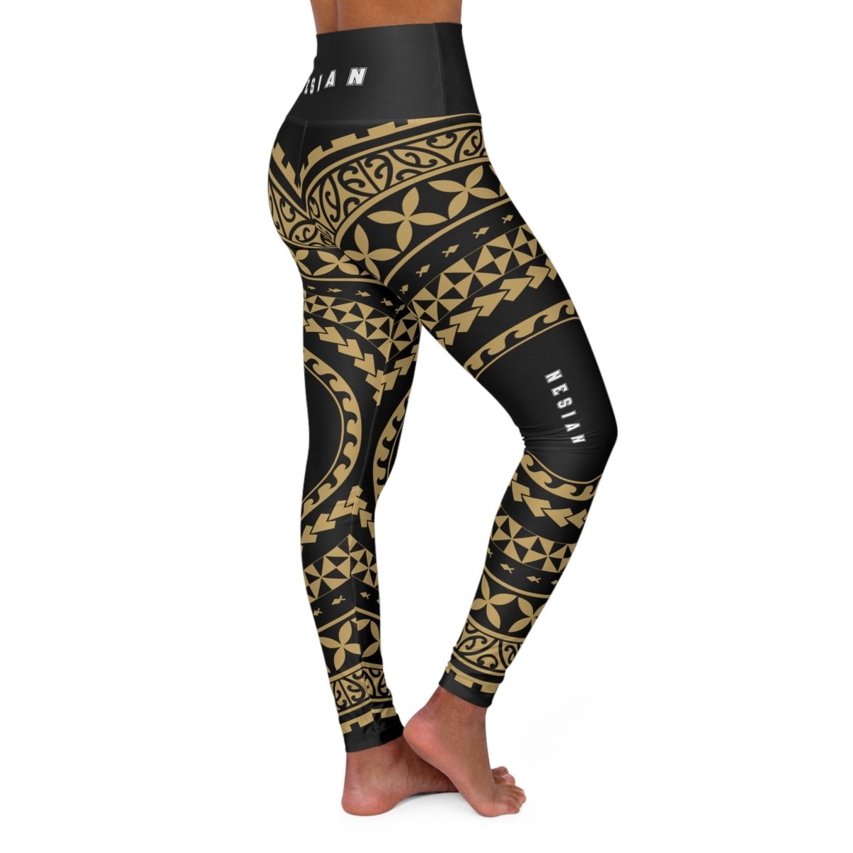 Nesian IslandRise high-waisted leggings by Miami Sublimation in XS, featuring tropical island design and vibrant colors.