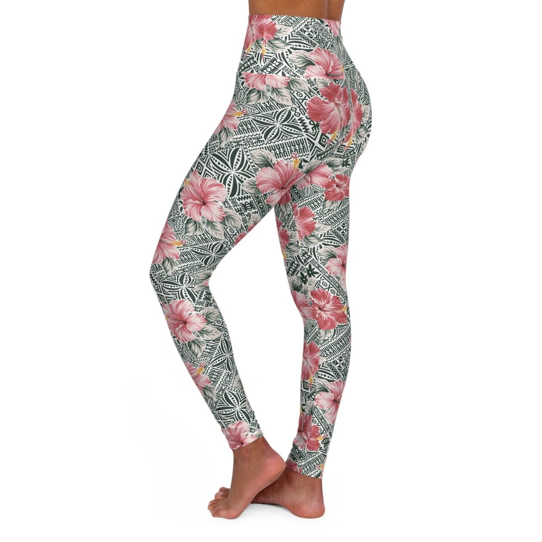 High-waisted leggings by Miami Sublimation featuring IslandRise Solosolo Blooms design, shown in XS size with vibrant floral pattern.