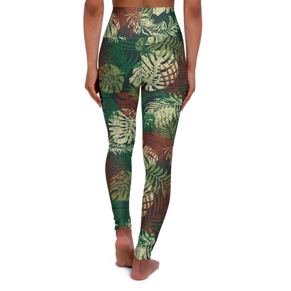 Miami Sublimation IslandRise high-waisted leggings in Tafatafa Greens featuring vibrant tropical leaf patterns, shown in XS size.