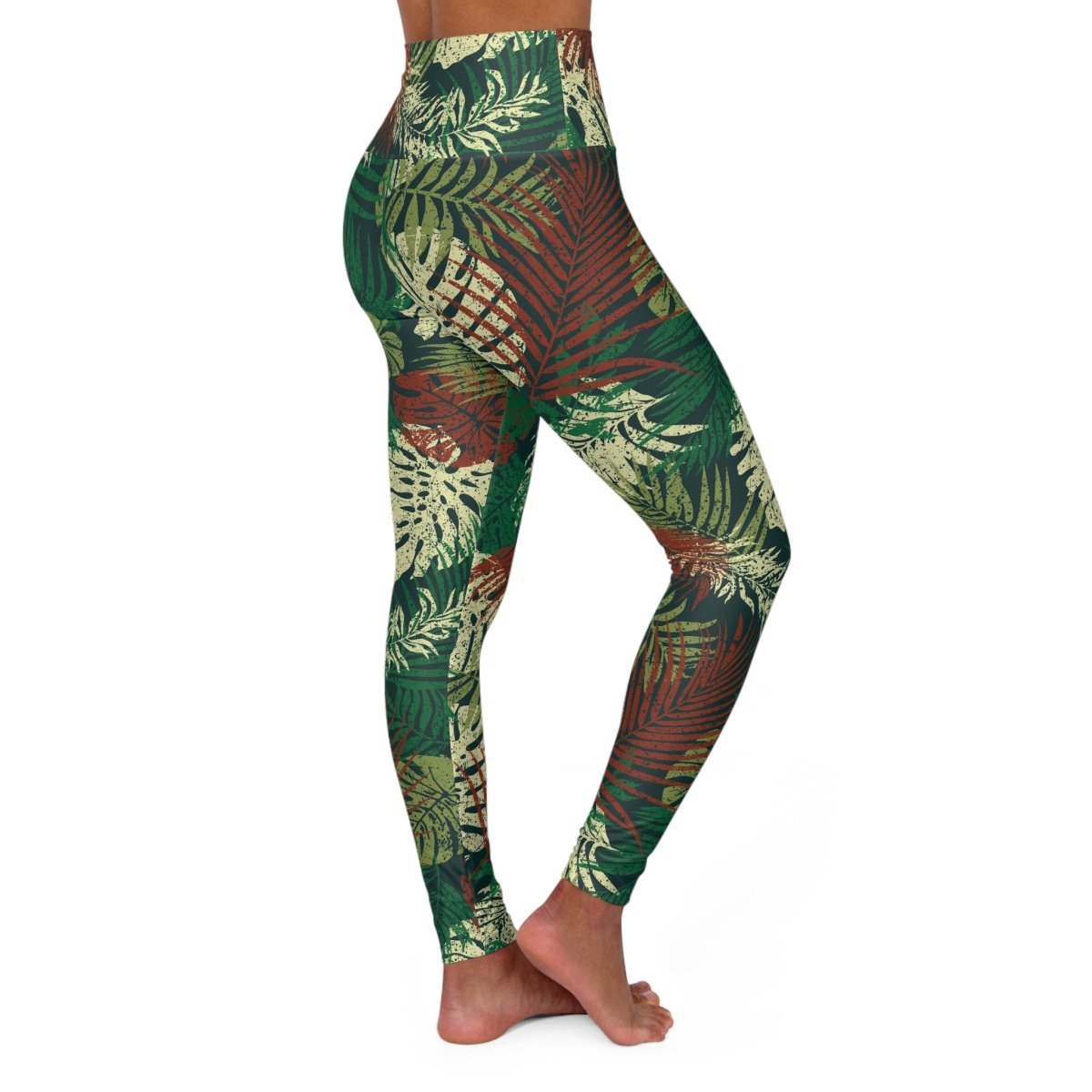 Miami Sublimation IslandRise high-waisted leggings in Tafatafa Greens with tropical leaf pattern, perfect for active wear.