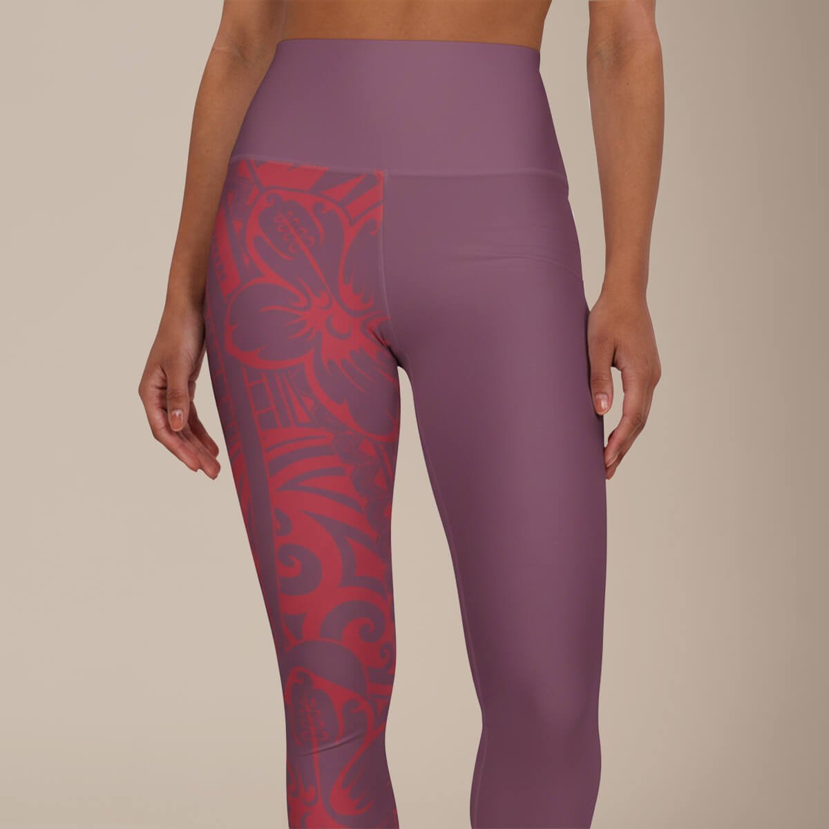 Miami Sublimation IslandRise high-waisted leggings in Winterberry Red, showing the vibrant color and stretchy fabric fit.
