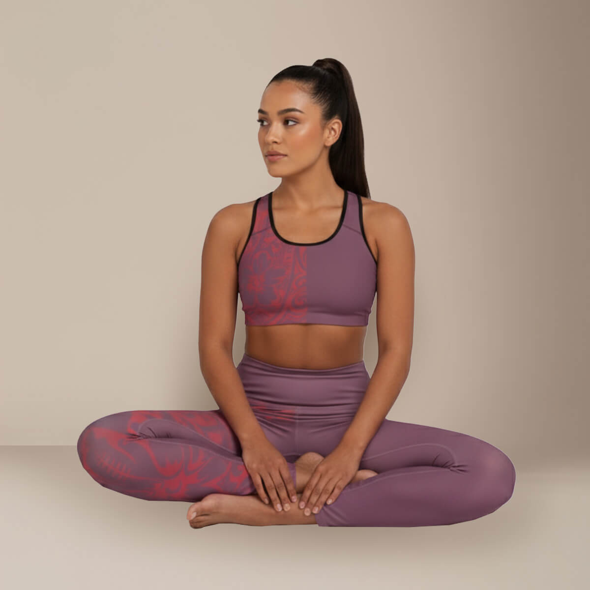 Miami Sublimation IslandRise high-waisted leggings in Winterberry Red, close-up view showing the vibrant color and high waist design.