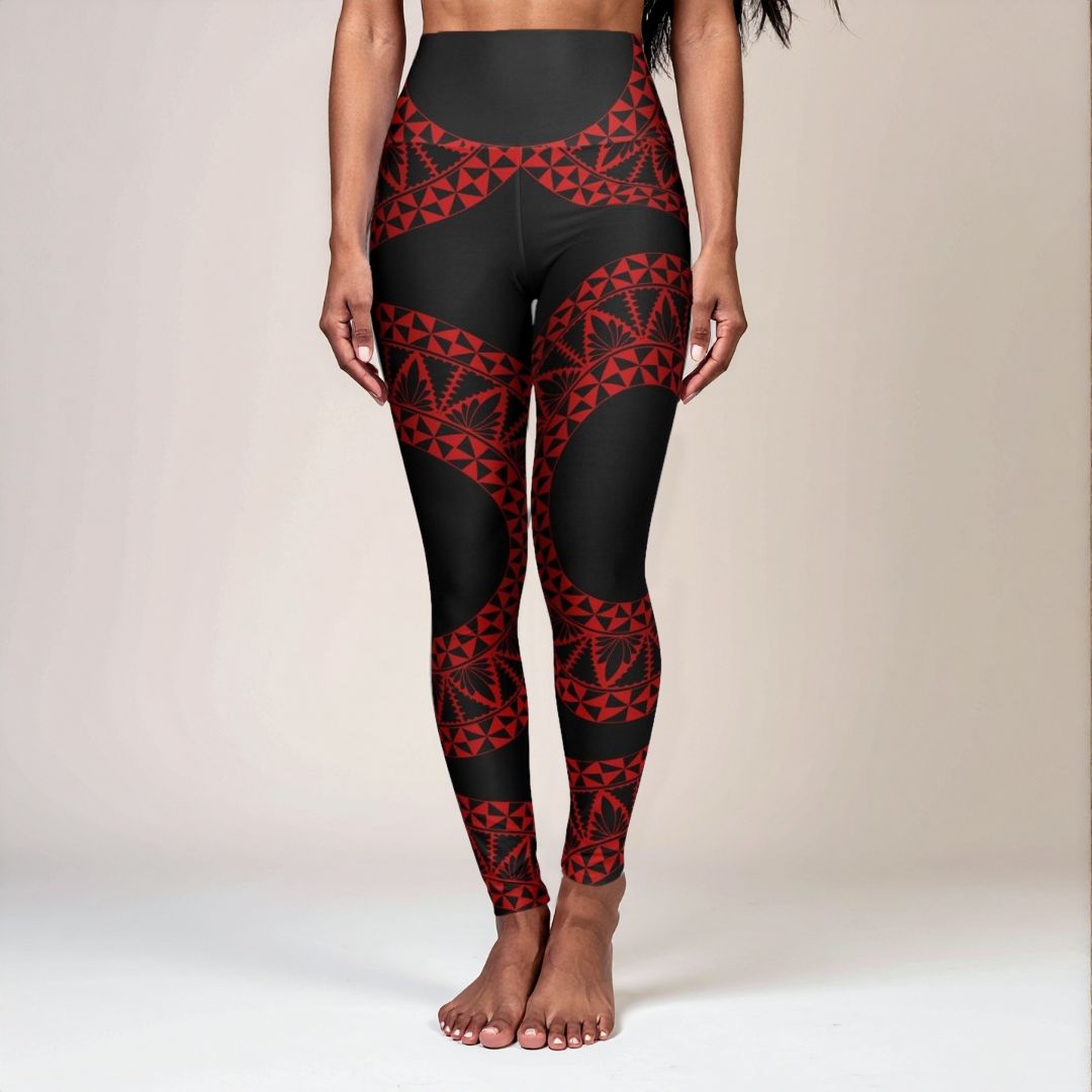 Miami Sublimation IslandRise high-waisted yoga leggings in Tonga Black and Red, featuring a comfortable fit and vibrant design.
