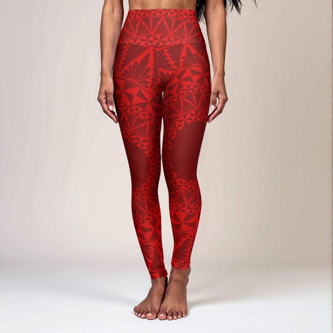 Miami Sublimation IslandRise high-waisted yoga leggings in Tonga Red, showing the vibrant color and comfortable fit.