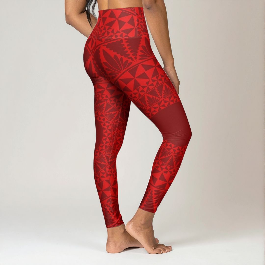 Miami Sublimation IslandRise high-waisted yoga leggings in Tonga Red, shown on a model, highlighting the vibrant color and fit.