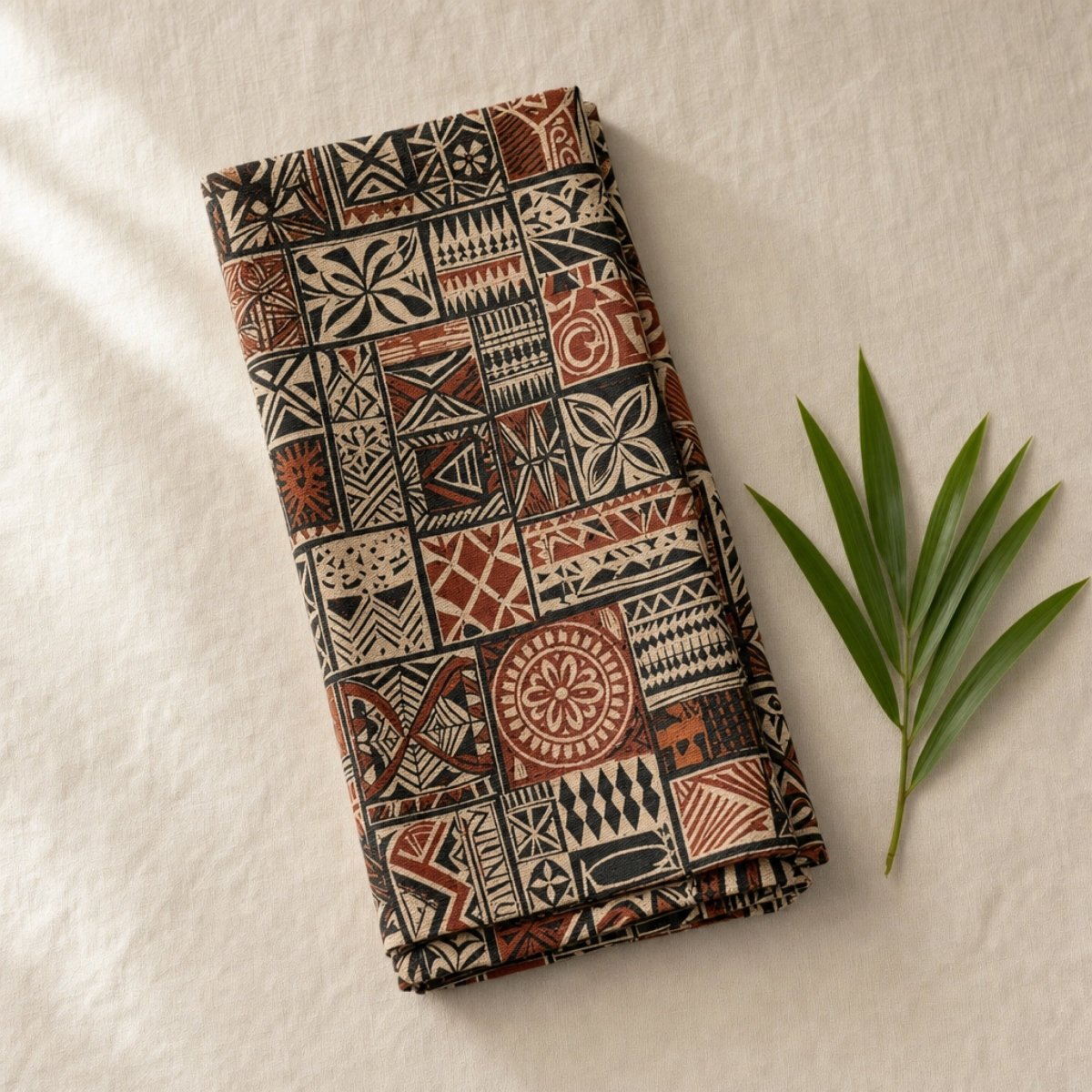 Microfiber tea towel with Elei design by District Photo, features vibrant colors and detailed Polynesian pattern for home decor.