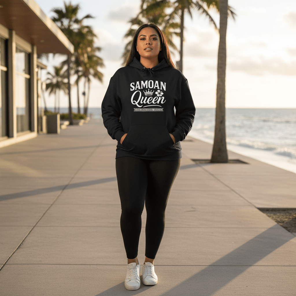 Dark heather IslandHeavy™ hoodie by Monster Digital, plus 2XL-5XL, featuring Samoan Queen design, USA branding, casual style.
