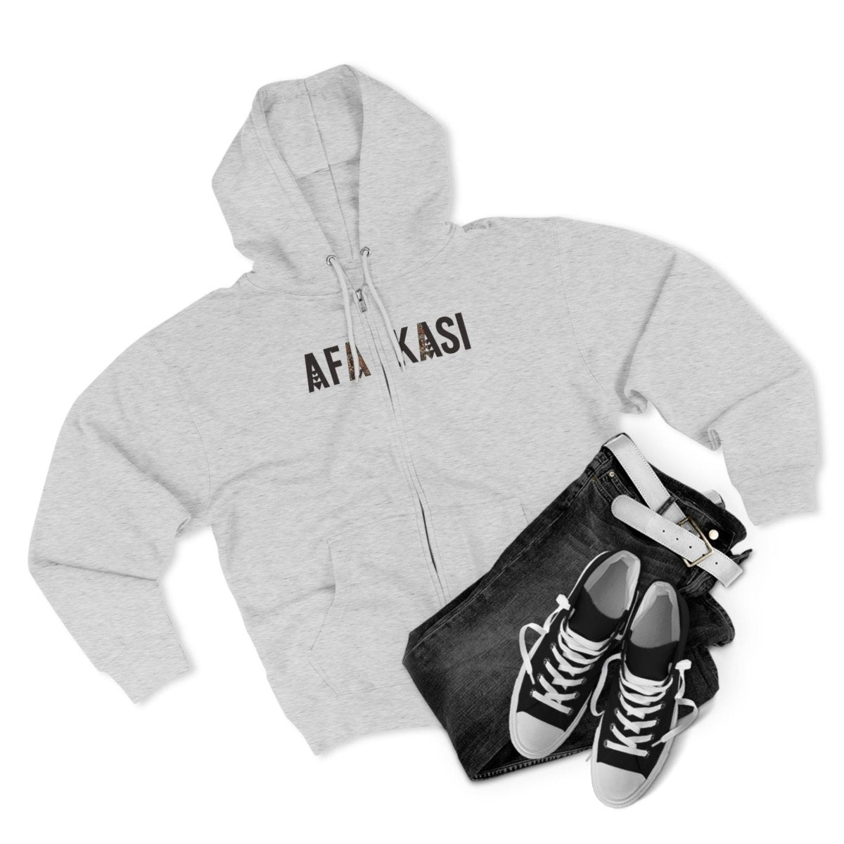 Black unisex zip hoodie by Monster Digital featuring the AFAKASI logo, casual style, and comfortable fit.