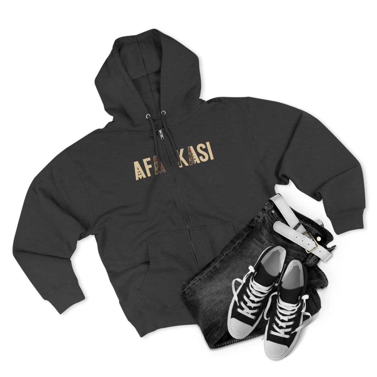 Black unisex zip hoodie by Monster Digital, featuring the AFAKASI design, suitable for AU, NZ, and USA styles.