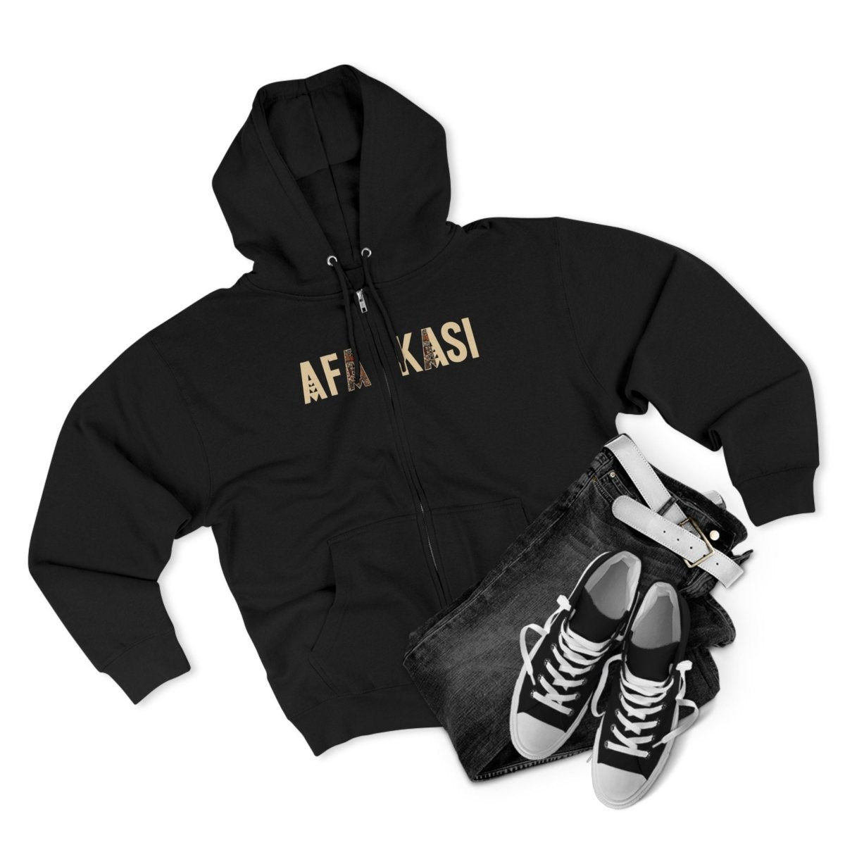 Black unisex zip hoodie by Monster Digital, featuring the AFAKASI design, worn by a person with the hoodie fully zipped up.