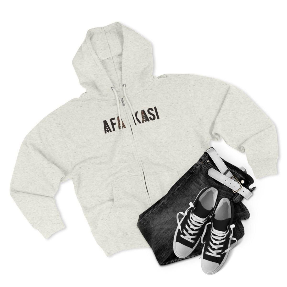 Black unisex zip hoodie by Monster Digital with AFAKASI branding, shown on a model with a front view.