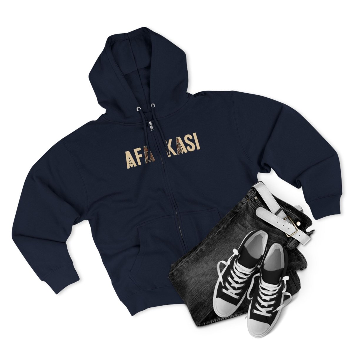 Black unisex zip hoodie by Monster Digital featuring the AFAKASI logo, casual streetwear style, front view.