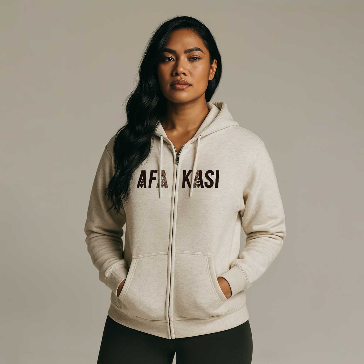 Black unisex zip hoodie by Monster Digital, featuring the AFAKASI branding, displayed flat with front zipper and hoodie details.