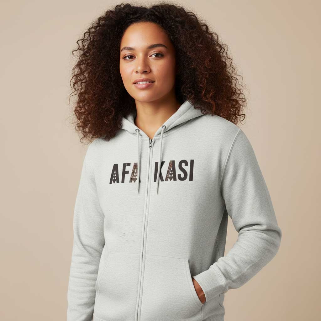Black unisex zip hoodie from AFAKASI, featuring a comfortable fit and casual style.