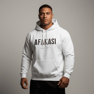 White IslandHeavy™ hoodie in plus sizes 2XL-5XL, featuring a digital monster design, Afakasi style, USA product.