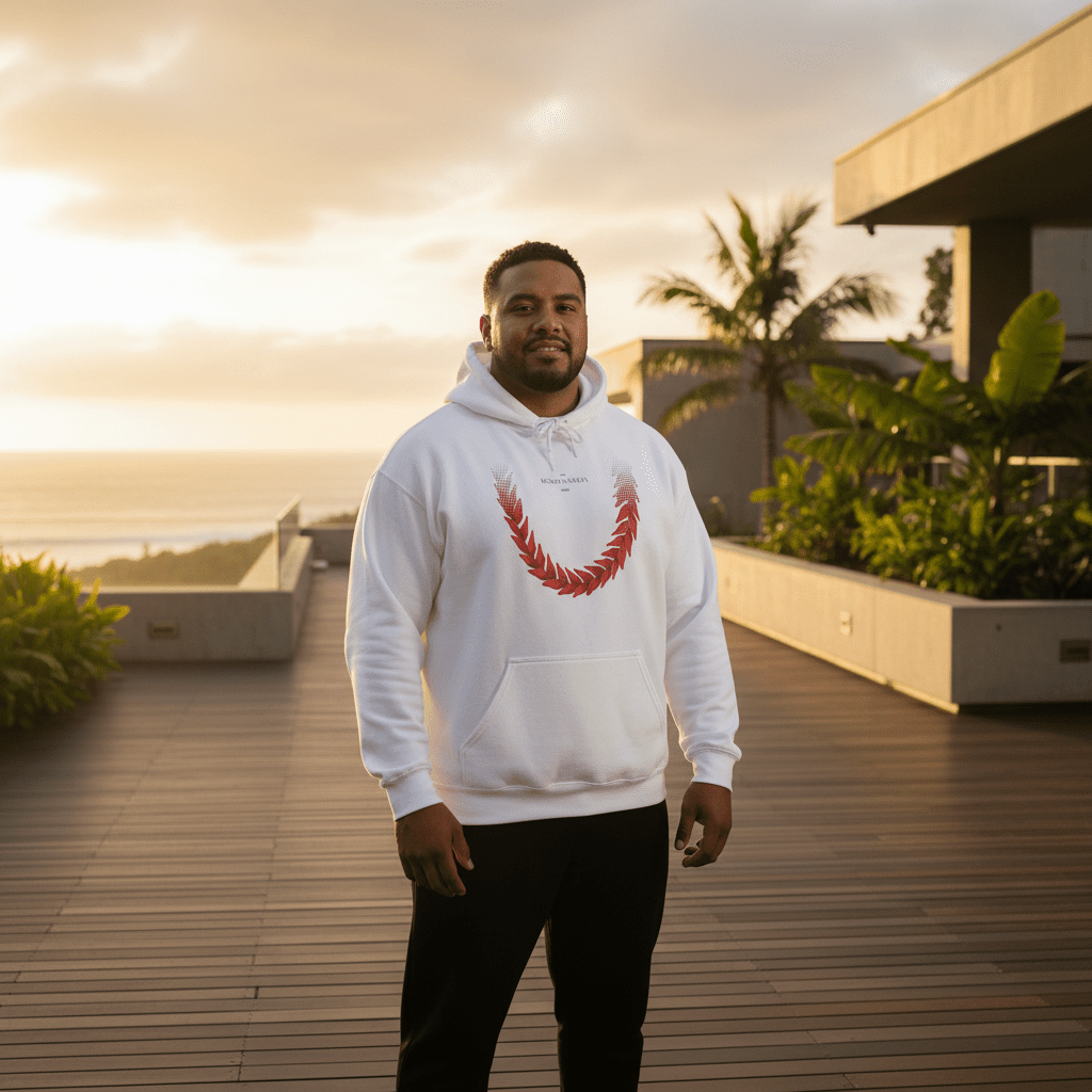 White IslandHeavy™ hoodie by Monster Digital in plus sizes 2XL-5XL, featuring a comfortable fit and Ula Fala USA branding.