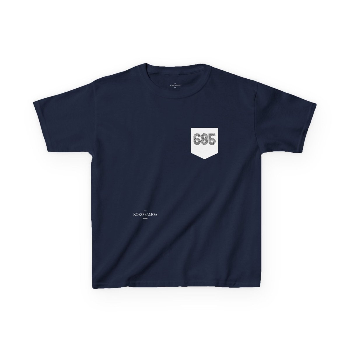 Kids unisex navy T-shirt from Monster Digital featuring a 685 pocket design, made for comfortable wear.