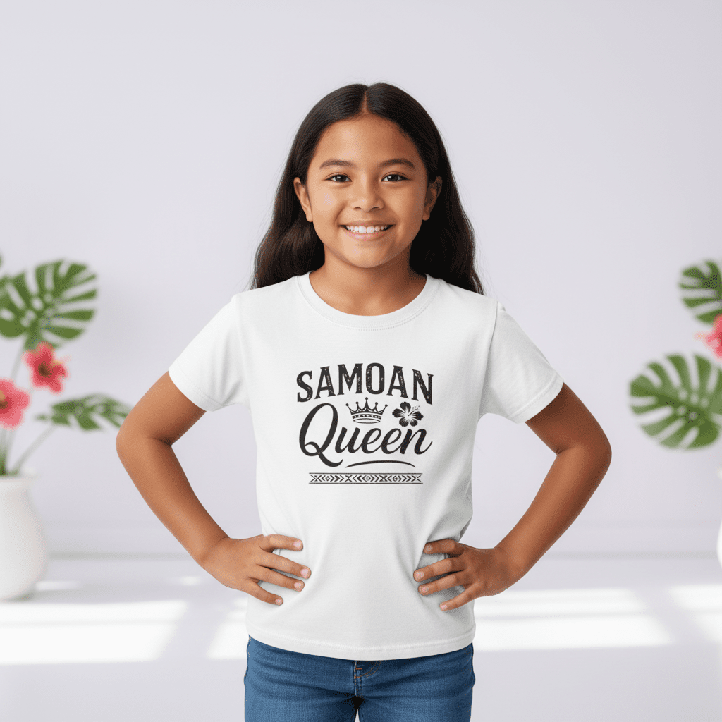 Kids unisex navy tee by Monster Digital featuring Samoan Queen design, perfect for kids' casual wear.
