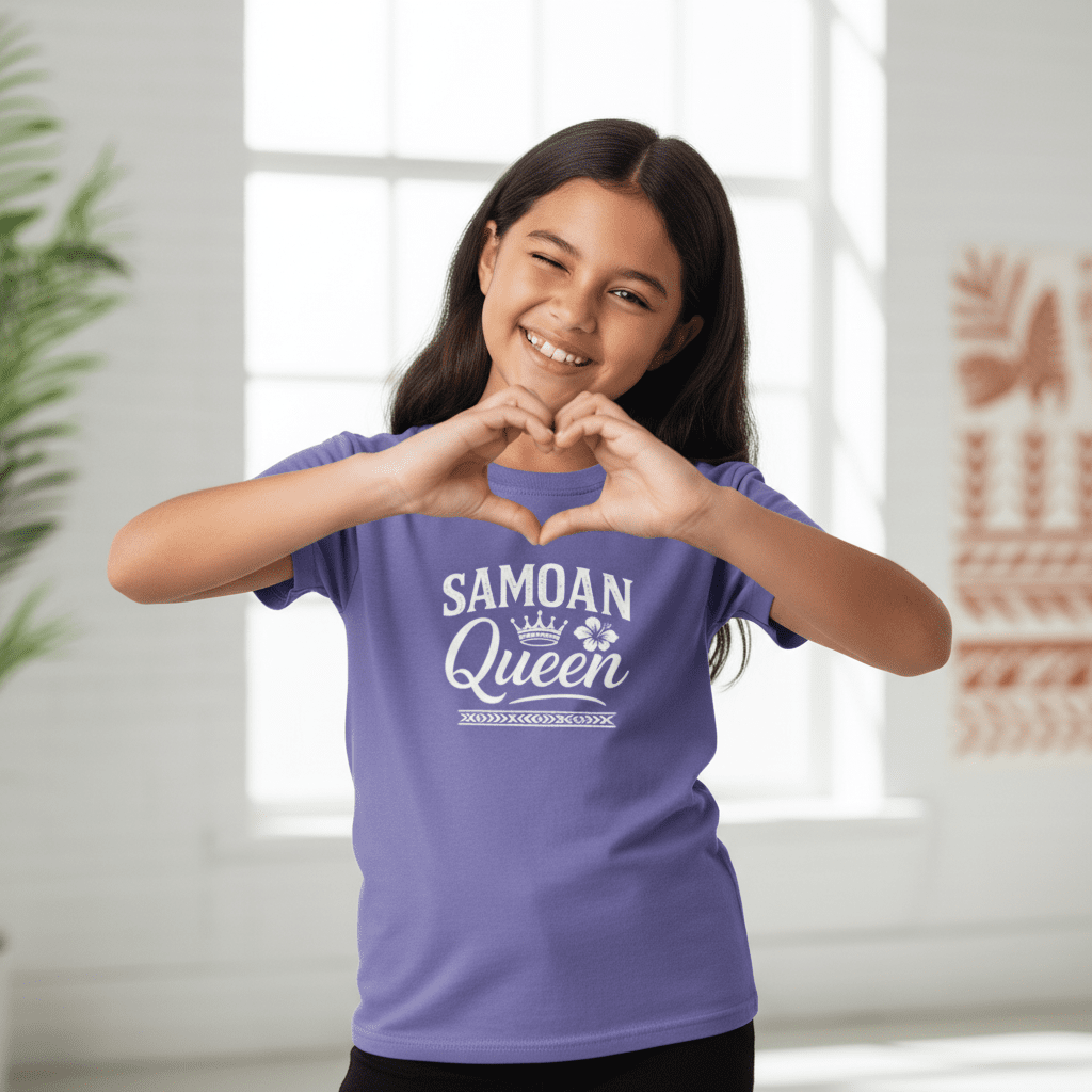 Kids unisex navy tee by Monster Digital featuring Samoan Queen design, perfect for kids' casual wear.