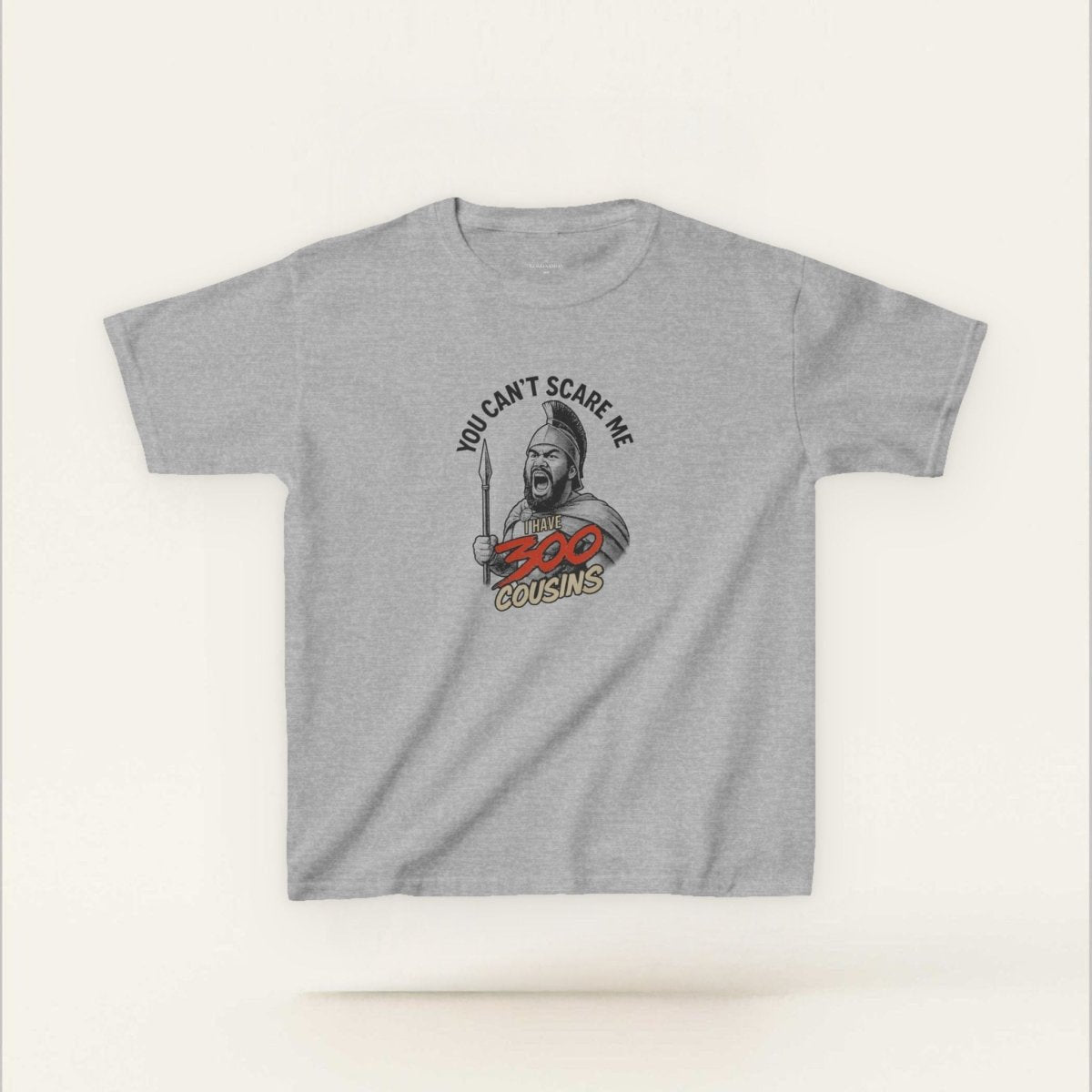Red kids unisex T-shirt from Monster Digital featuring "300 Cousins" design, suitable for boys and girls.