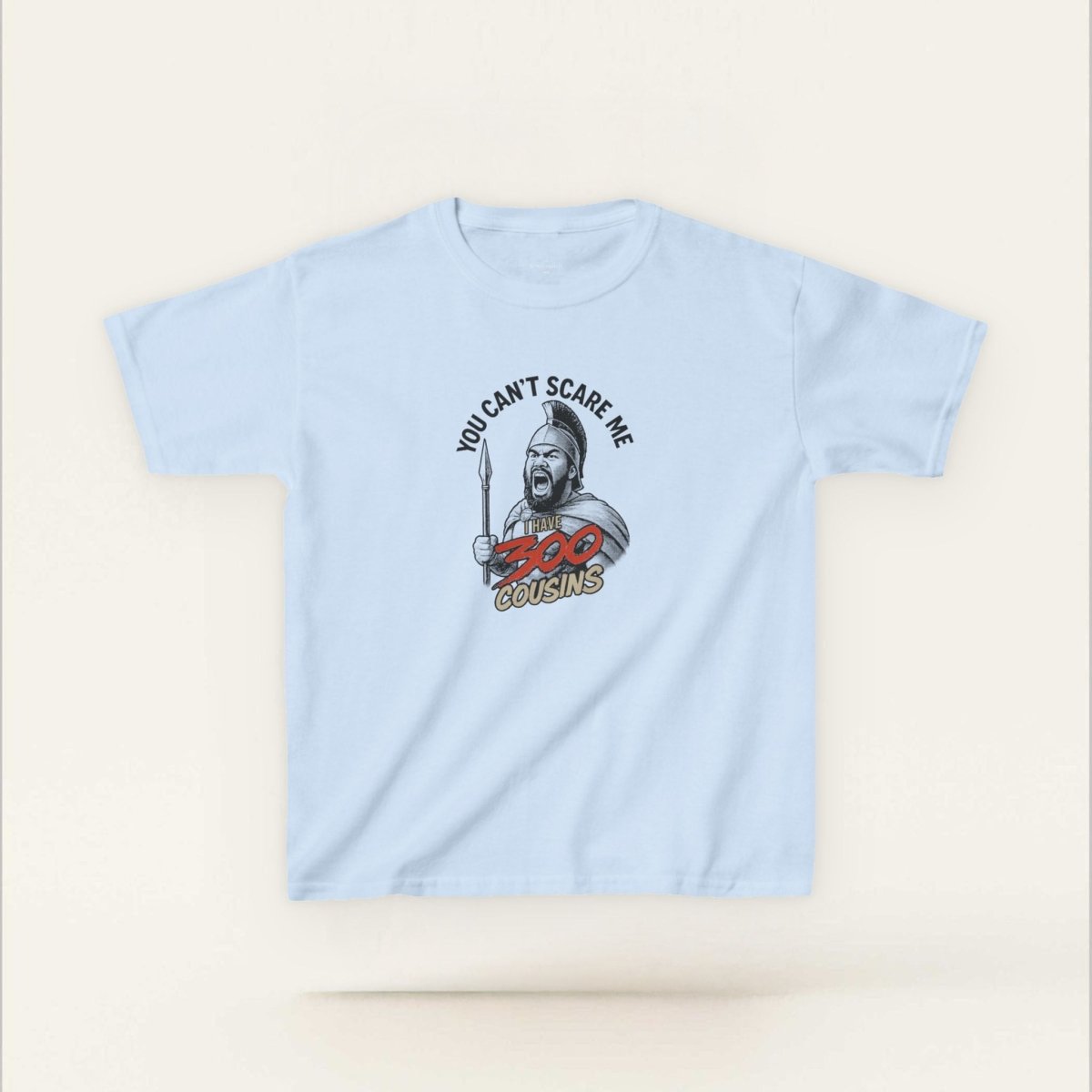 Kids unisex red tee by Monster Digital featuring "300 Cousins" design, perfect for children’s casual wear.