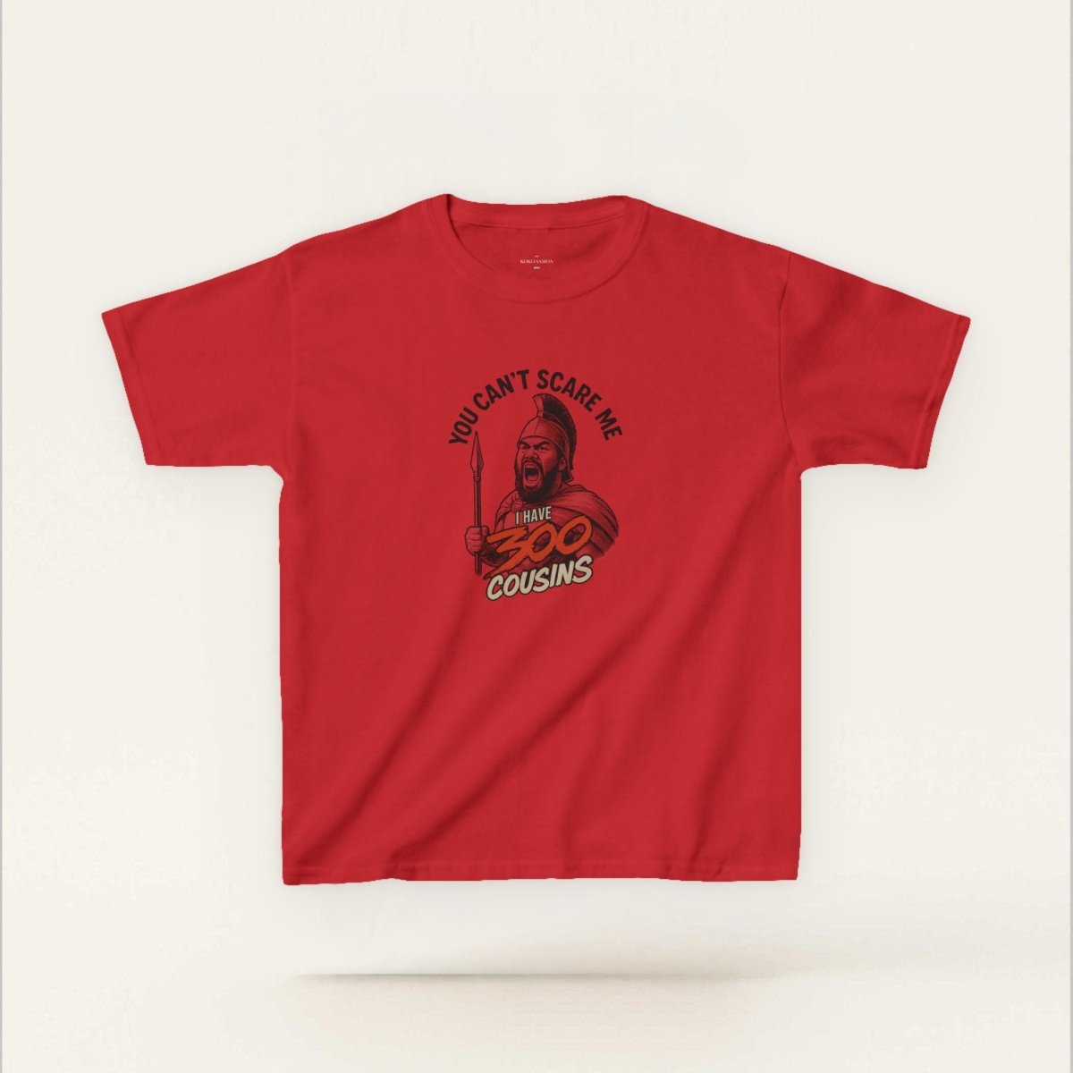 Kids unisex red tee by Monster Digital featuring "300 Cousins" design, casual cotton kids' t-shirt for boys and girls.