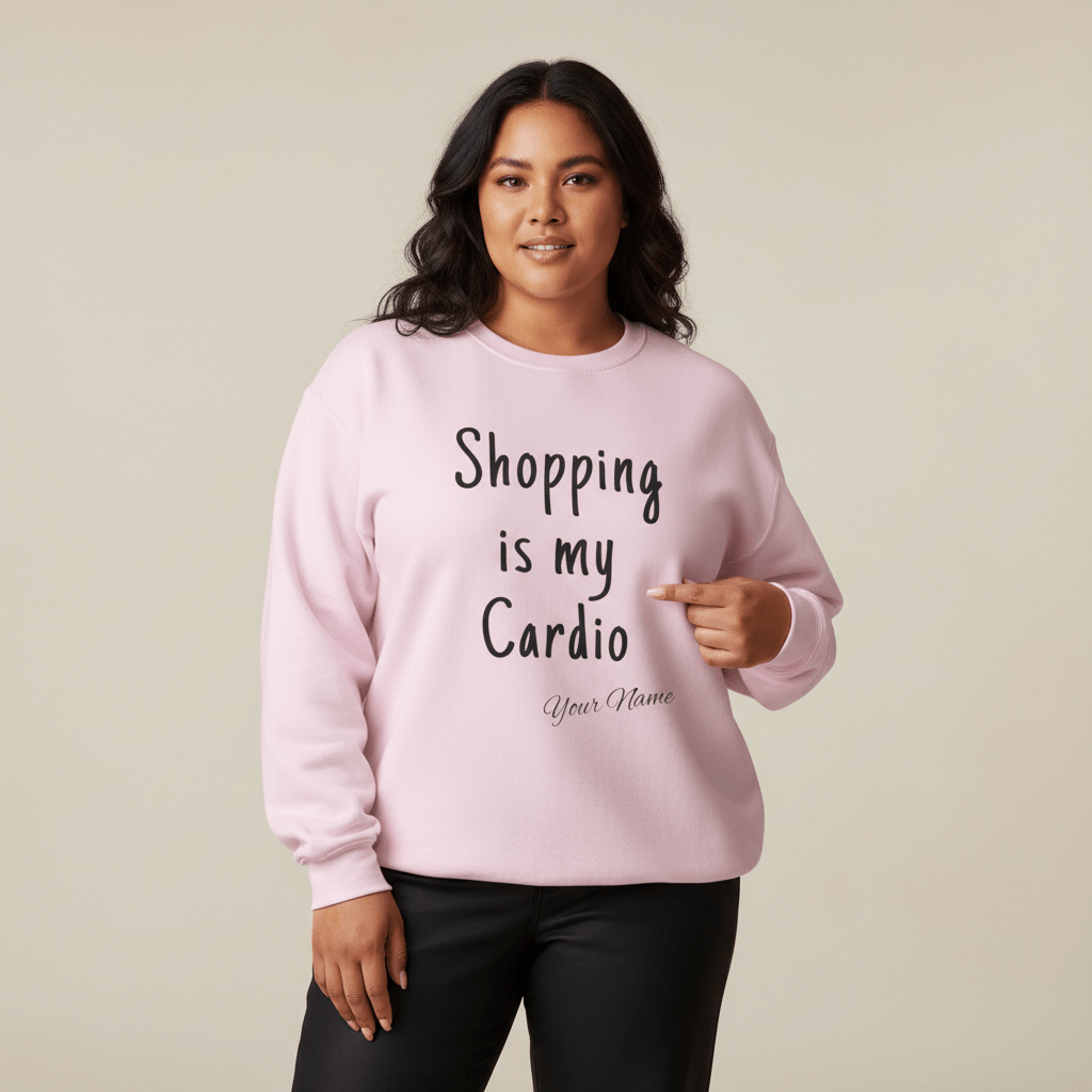 Unisex heavy sweatshirt by The Print Bar featuring "Shopping is My Cardio" print on ash-colored fabric.