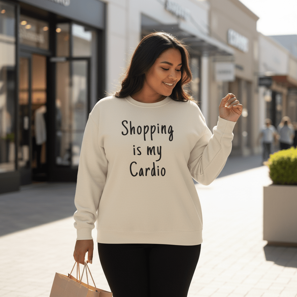 Unisex heavy sweatshirt by The Print Bar featuring "Shopping is My Cardio" graphic on ash-colored fabric.
