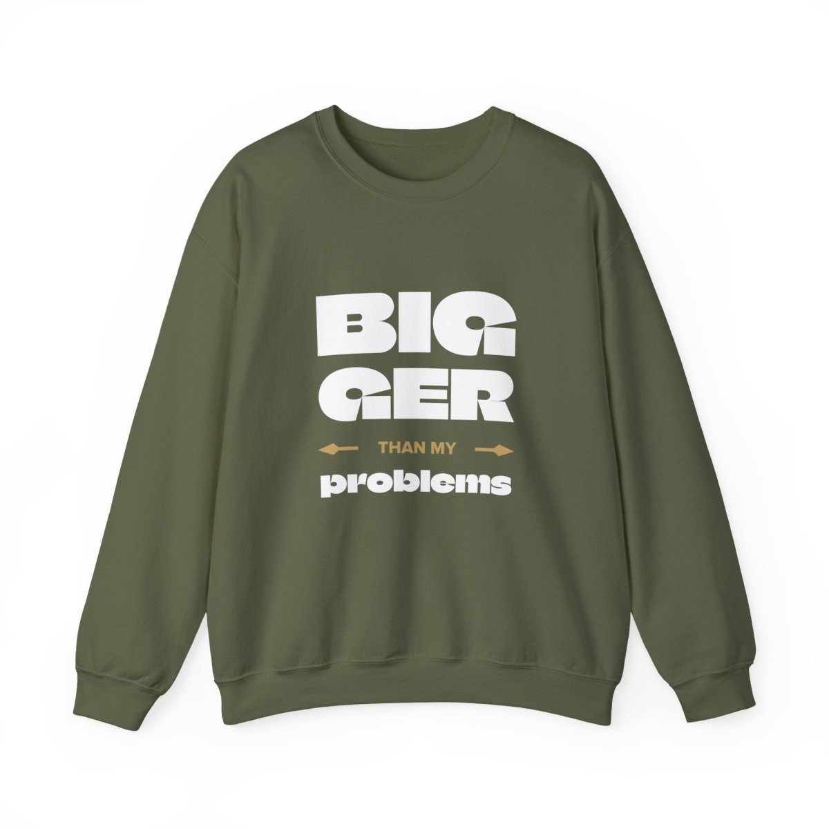 Unisex heavy personalized sweatshirt from Monster Digital in dark heather with "Bigger Than Problems" design, suitable for all genders.