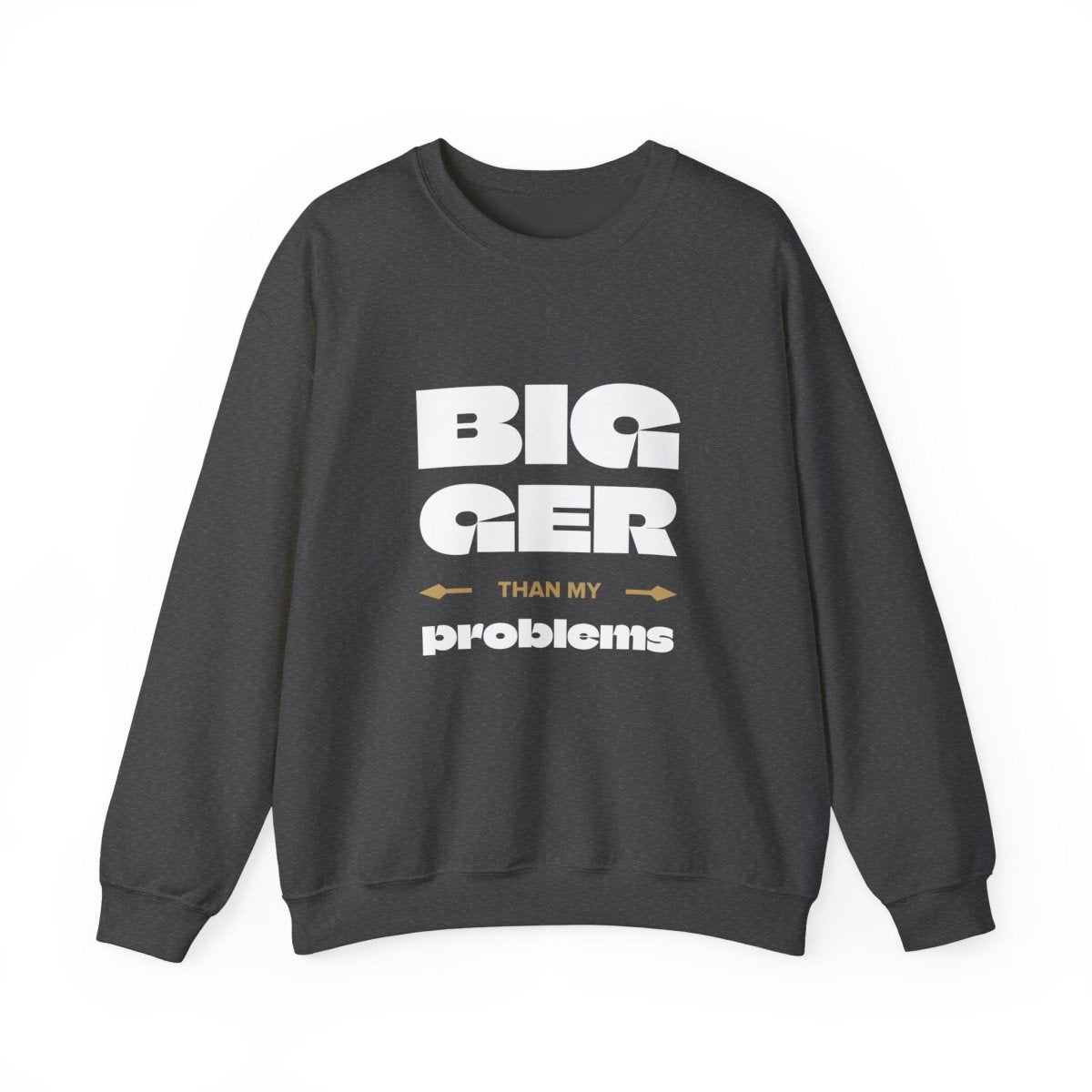Unisex heavy sweatshirt by Monster Digital in dark heather with "Bigger Than Problems" personalized text, suitable for casual wear.