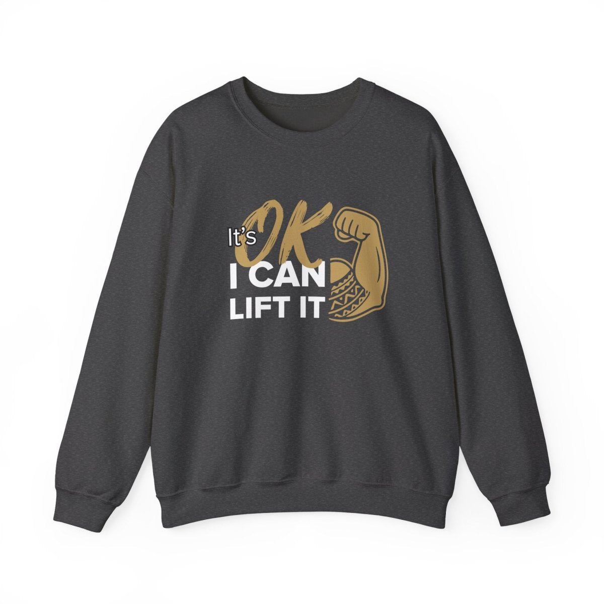 Unisex heavy sweatshirt by Monster Digital in dark heather with "I Can Lift It" personalized text, casual fit, suitable for all genders.