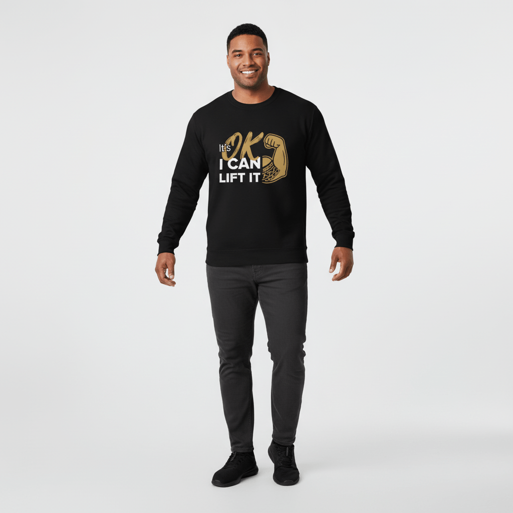 Unisex heavy sweatshirt by Monster Digital in dark heather with "I Can Lift It" personalized text, casual fit, and USA design.