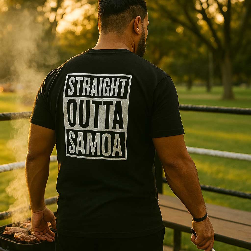 Black unisex heavy tee from The Print Bar featuring a "Straight Outta Samoa" design, ideal for casual wear and bold style.