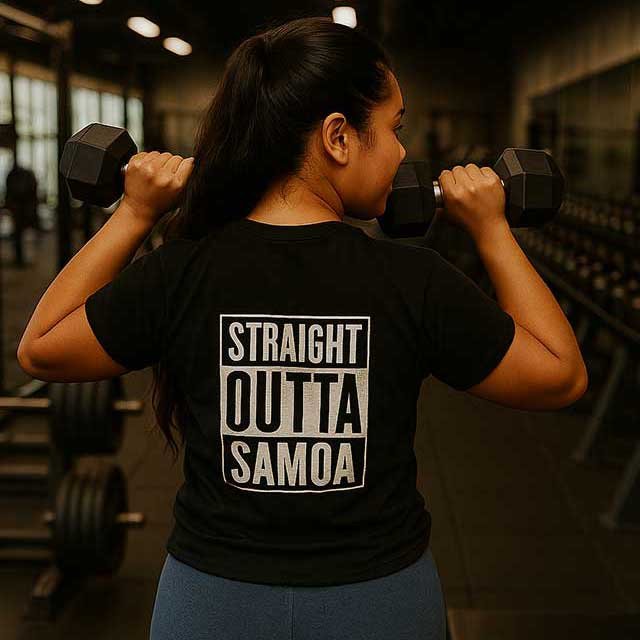 Black heavy unisex tee with the Straight Outta Samoa print, The Koko Samoa