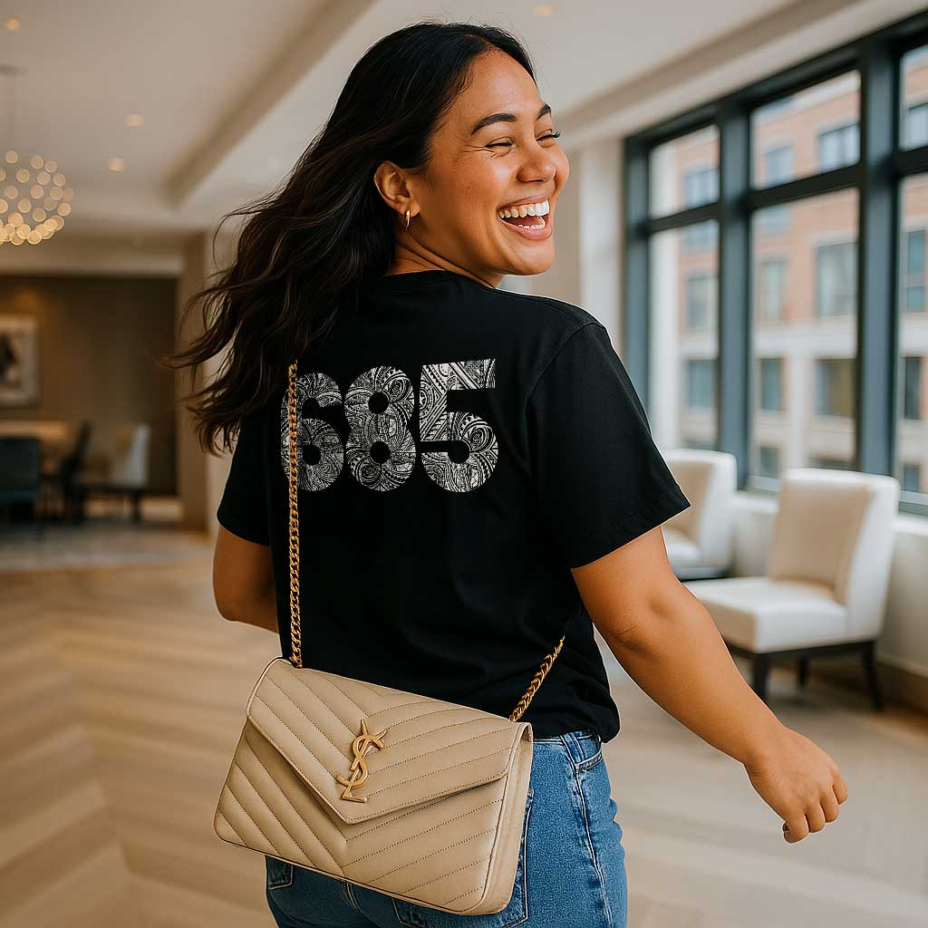 White heavy unisex tee with the 685 print, The Koko Samoa