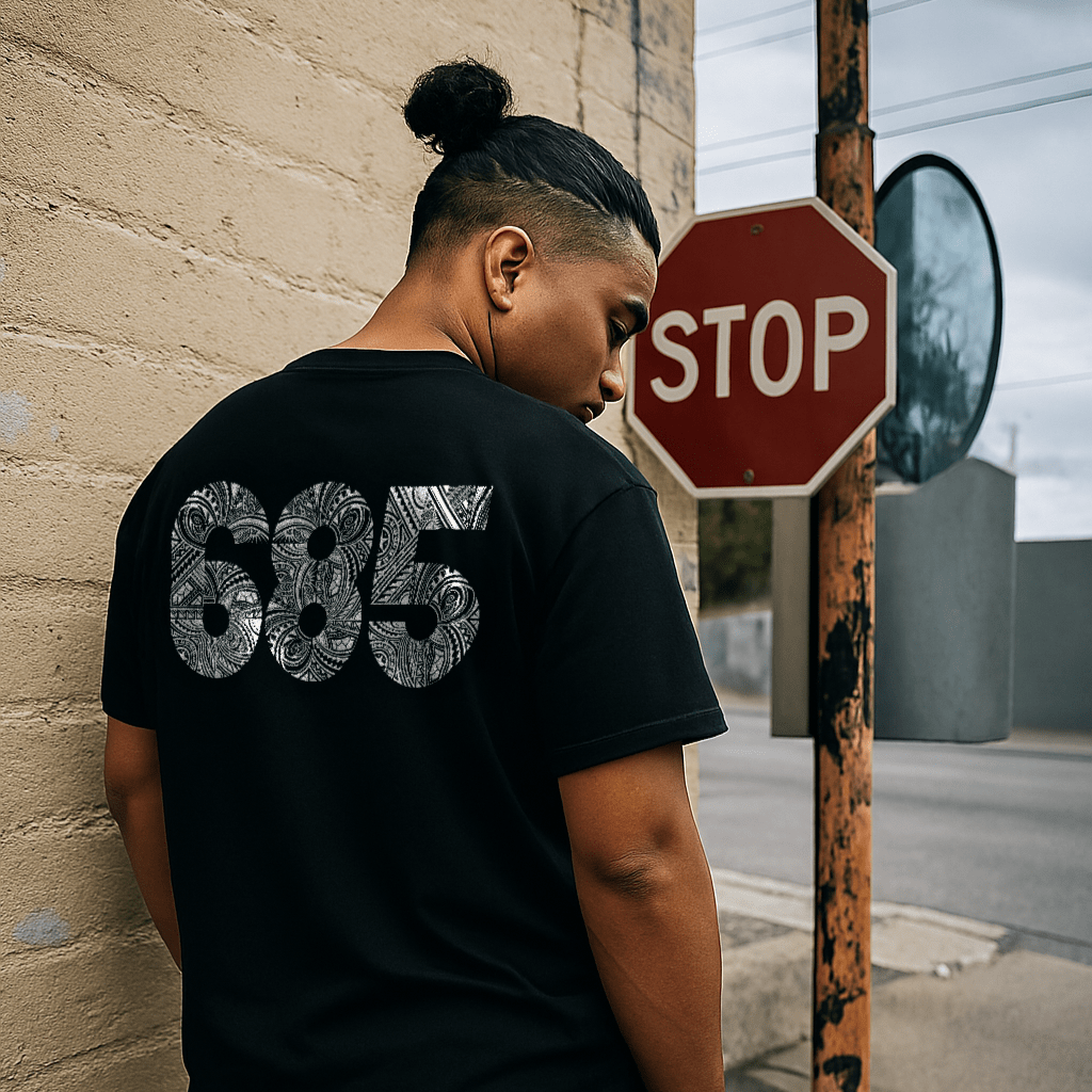 Black soft unisex tee with the 685 print, The Koko Samoa